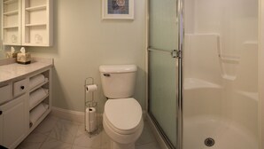 A bathroom with a toilet, a glass shower enclosure, a sink with a mirror, and a framed picture on the wall. - Atlantic Ocean Suites - Sand Castle Suite 7 (Old Orchard Beach)
