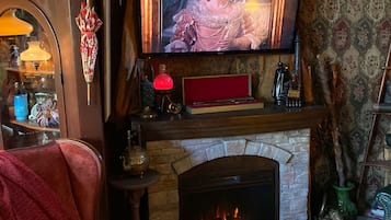 Smart TV, fireplace, books