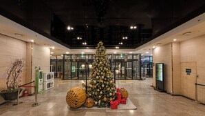 Un hall d’entrée spacieux, agrémenté d’un grand sapin de Noël et de cadeaux, doté d’une architecture moderne et offrant une vue dégagée sur l’entrée.