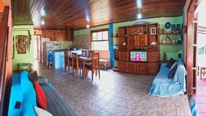 Uma sala de estar ampla com cozinha, mesa de jantar e sofá.