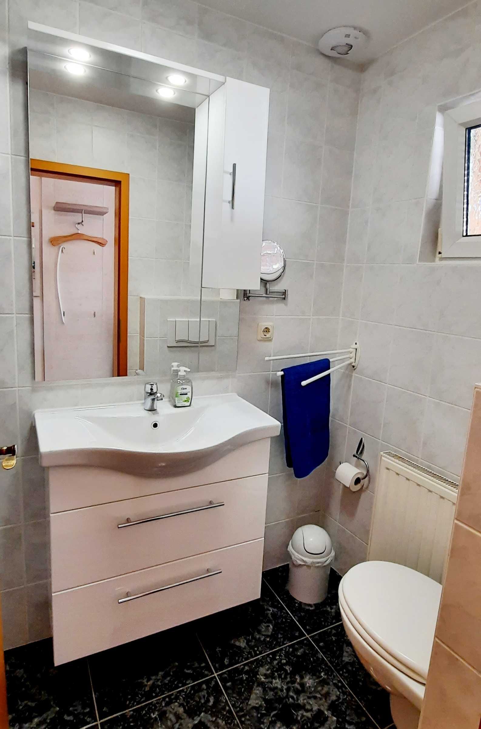 Une salle de bain avec un lavabo blanc, un miroir et un meuble, une serviette bleue, des toilettes et une poubelle.
