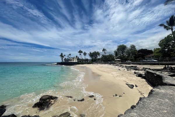 On the beach, sun loungers, beach towels