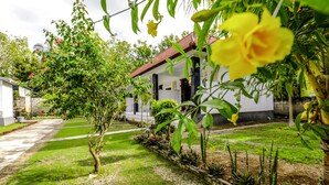 A well-maintained garden with a variety of plants and a house with a red roof.