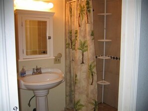 Bathtub, hair dryer, towels, soap