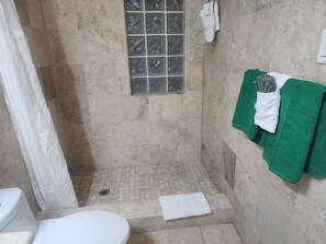 Dusche, Haartrockner, Handtücher, Seife
