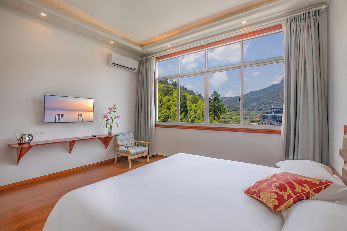 A hotel room with a large bed, a TV mounted on the wall, a wooden shelf with a plant, and a window with a view of greenery and hills.