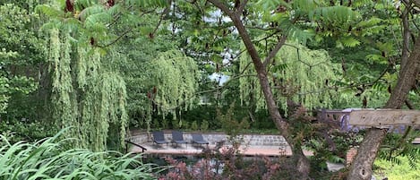 Ein friedlicher Garten mit Teich, üppigem Grün und einer Holzbrücke.