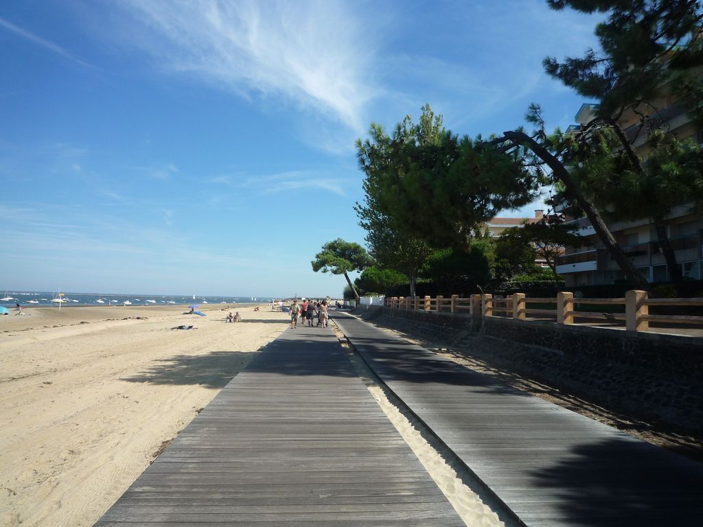 Een houten looppad dat naar een zandstrand leidt, onder een heldere lucht.