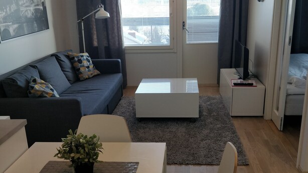 A modern living room with a sofa, a coffee table, a dining table with chairs, a TV on a stand, and a view through the windows. - Kotimaailma Apartments Siljotie (Rovaniemi)