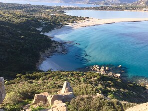 A coastal landscape with a beach, rocky outcrops, and dense greenery.
