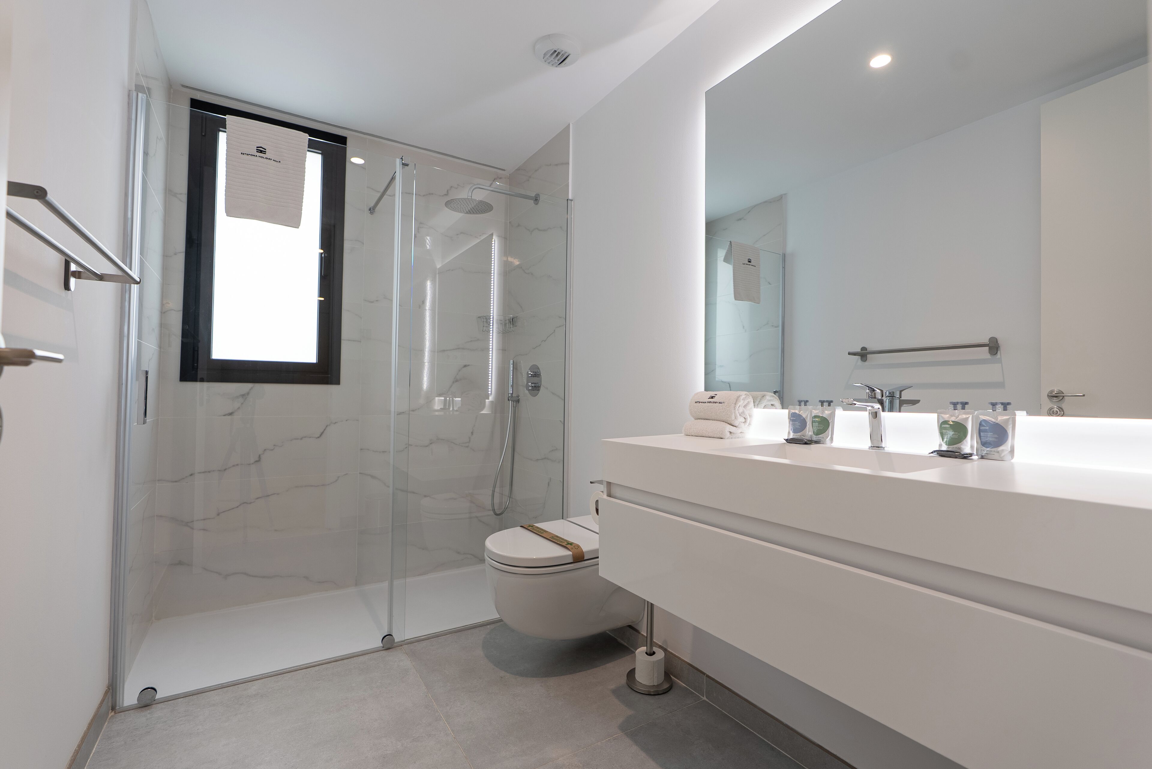 A modern bathroom with a glass-enclosed shower, a toilet, and a white vanity with a mirror.