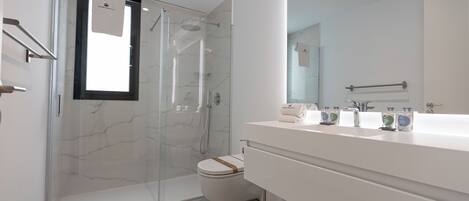 A modern bathroom with a glass-enclosed shower, a toilet, and a white vanity with a mirror.