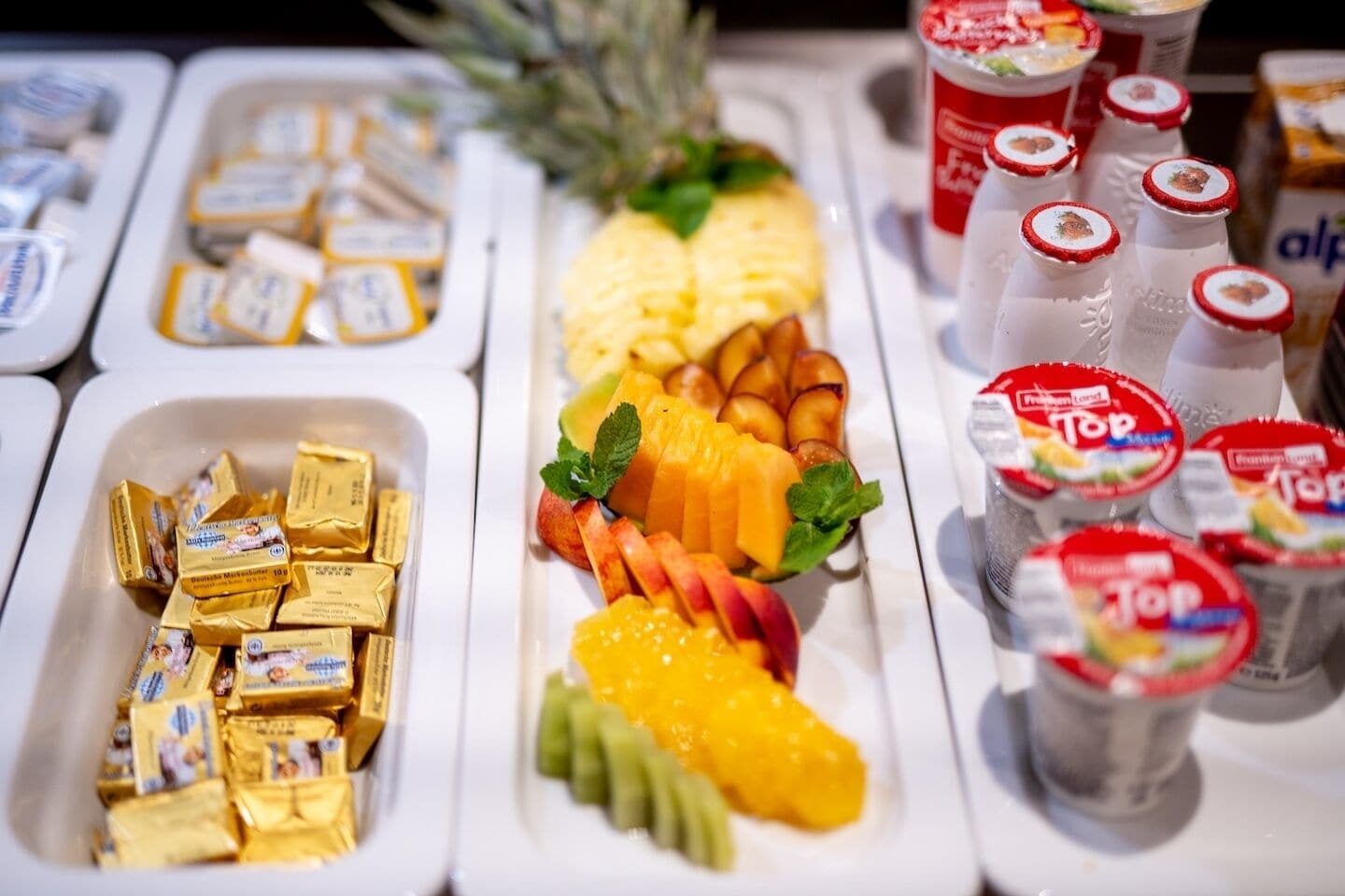 A buffet with various food items including fruits, cheeses, and yogurt.
