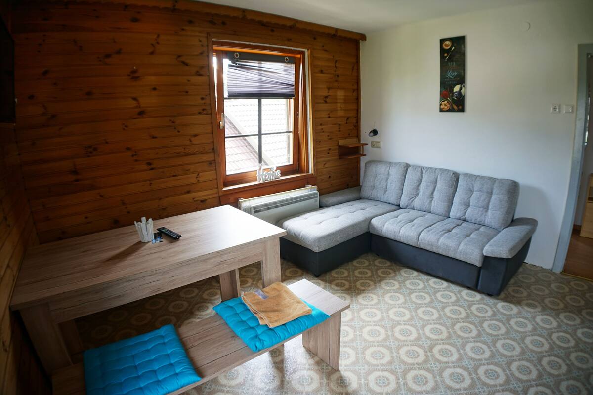 Une pièce chaleureuse avec un décor intérieur en bois, un canapé gris, une petite table et un sol à motifs.