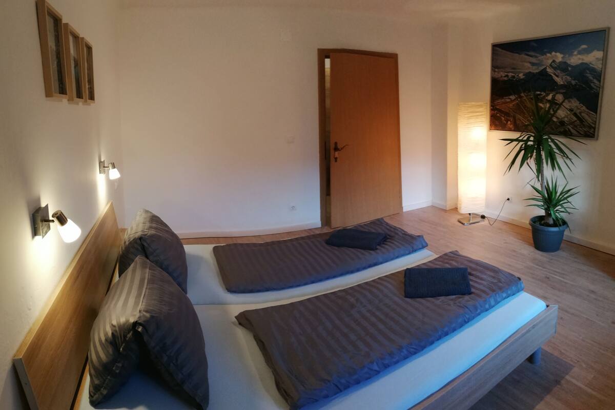 Une chambre avec deux lits simples, une tête de lit en bois, une plante en pot et un tableau au mur.