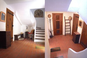 Two distinct spaces with rustic charm, featuring wooden elements and traditional design.