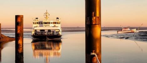 Een veerboot aangemeerd aan een steiger, met een rustige zee en heldere lucht.