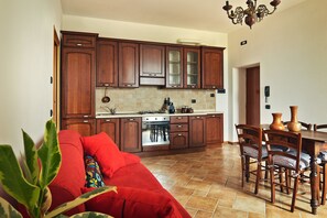 Perhehuoneisto, 1 makuuhuone, kaupunkinäköala | Yksityinen keittiö | Täysikokoinen jääkaappi, mikroaaltouuni, uuni, liesi