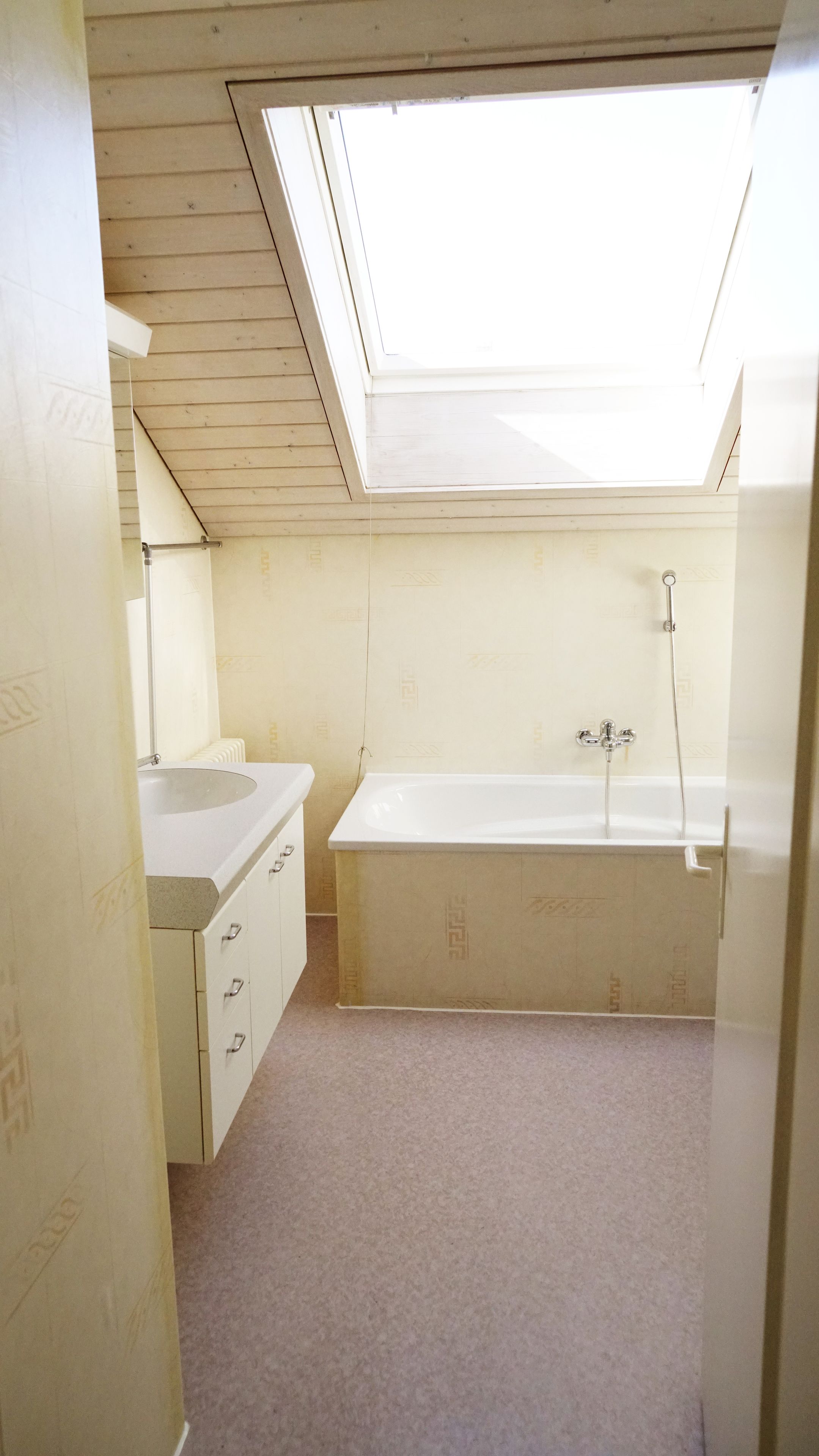 A small, basic bathroom with a skylight, a sink, and a bathtub.