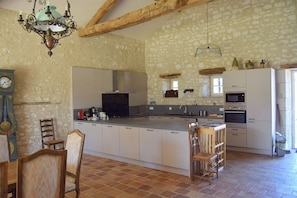 A spacious kitchen with a large island, white cabinetry, and a stone wall backdrop.
