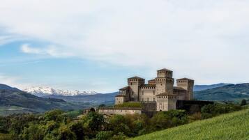 A historic castle with multiple towers, surrounded by lush greenery and mountains in the background.