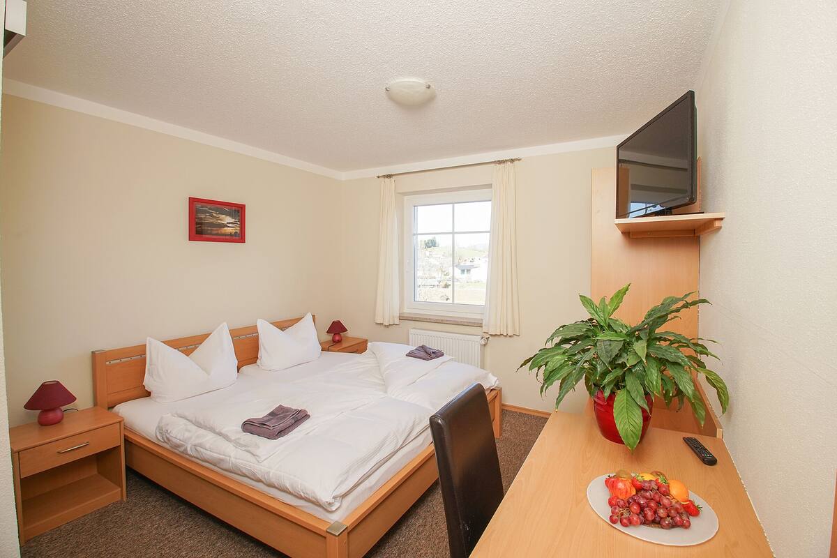 Habitación de hotel con cama, mesita de noche, lámpara, televisor y planta en maceta.