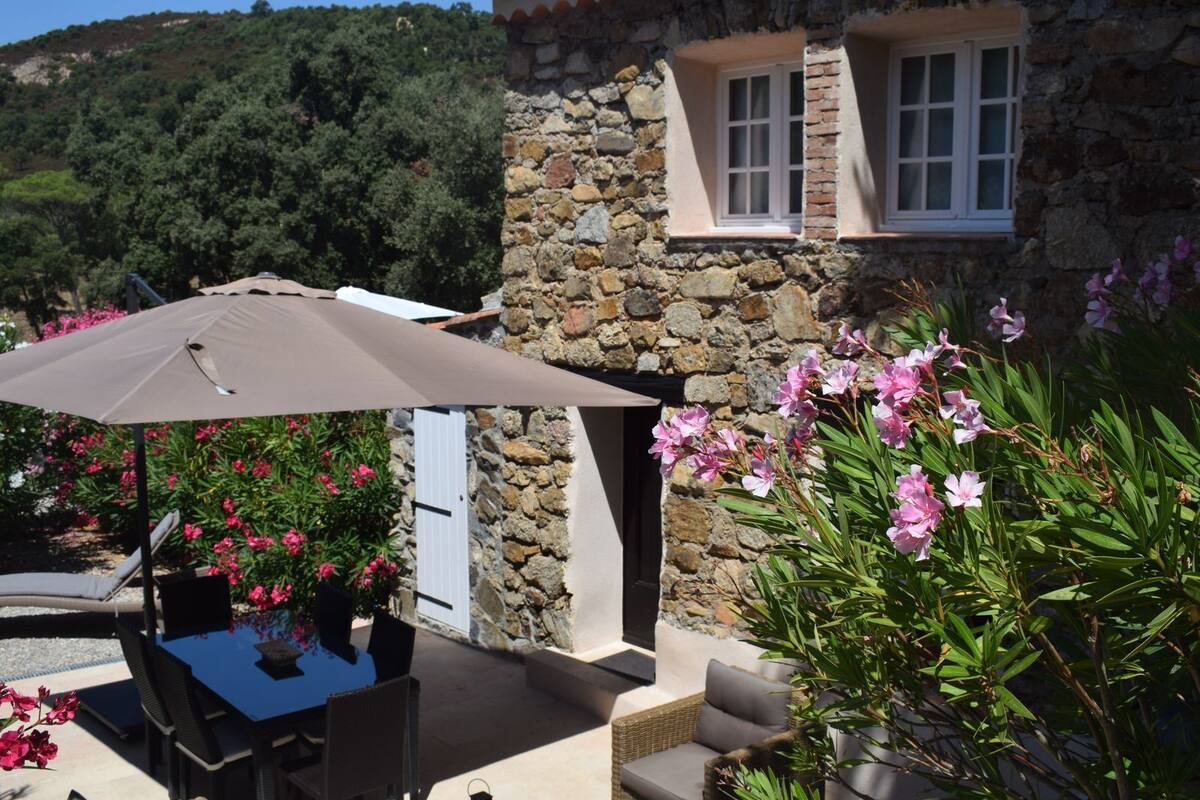 Une terrasse extérieure avec une table et des chaises, un grand parasol et des plantes en pot ornées de fleurs roses.