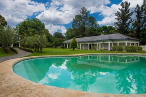 Outdoor pool, pool umbrellas, pool loungers