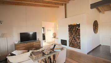 Een smart-tv, een open haard, boeken en een printer