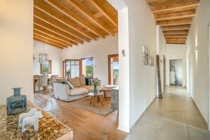 Smart TV, fireplace, books, printers