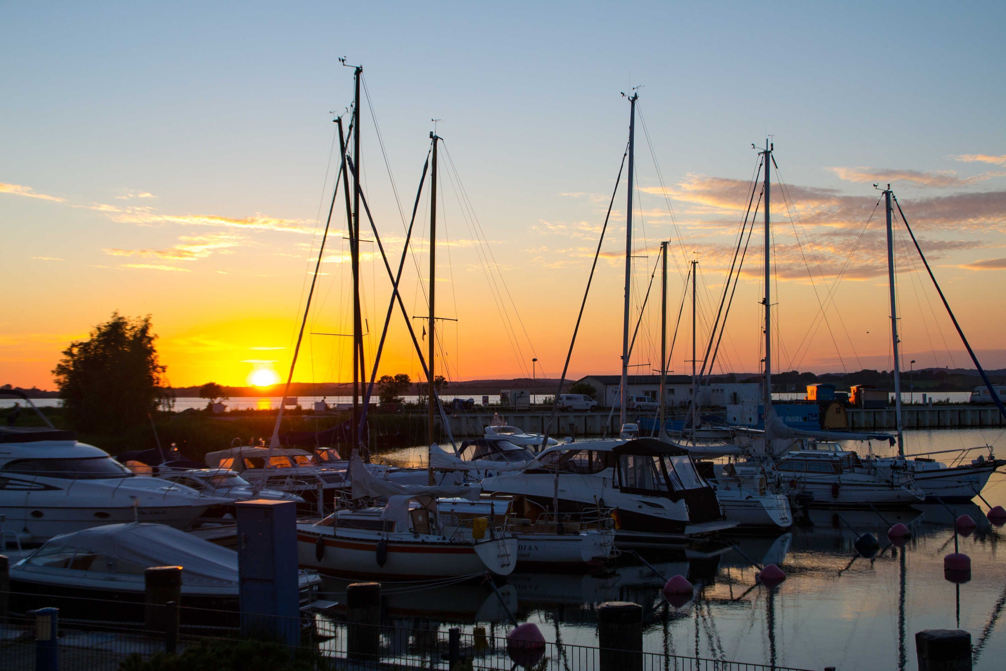 A marina with multiple boats docked at sunset.