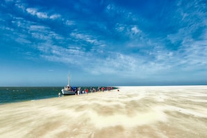 A beach with a boat docked, a clear sky, and a calm sea.