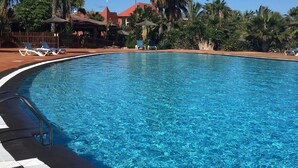 Una piscina azul cristalina con sillones de descanso y palmeras alrededor.