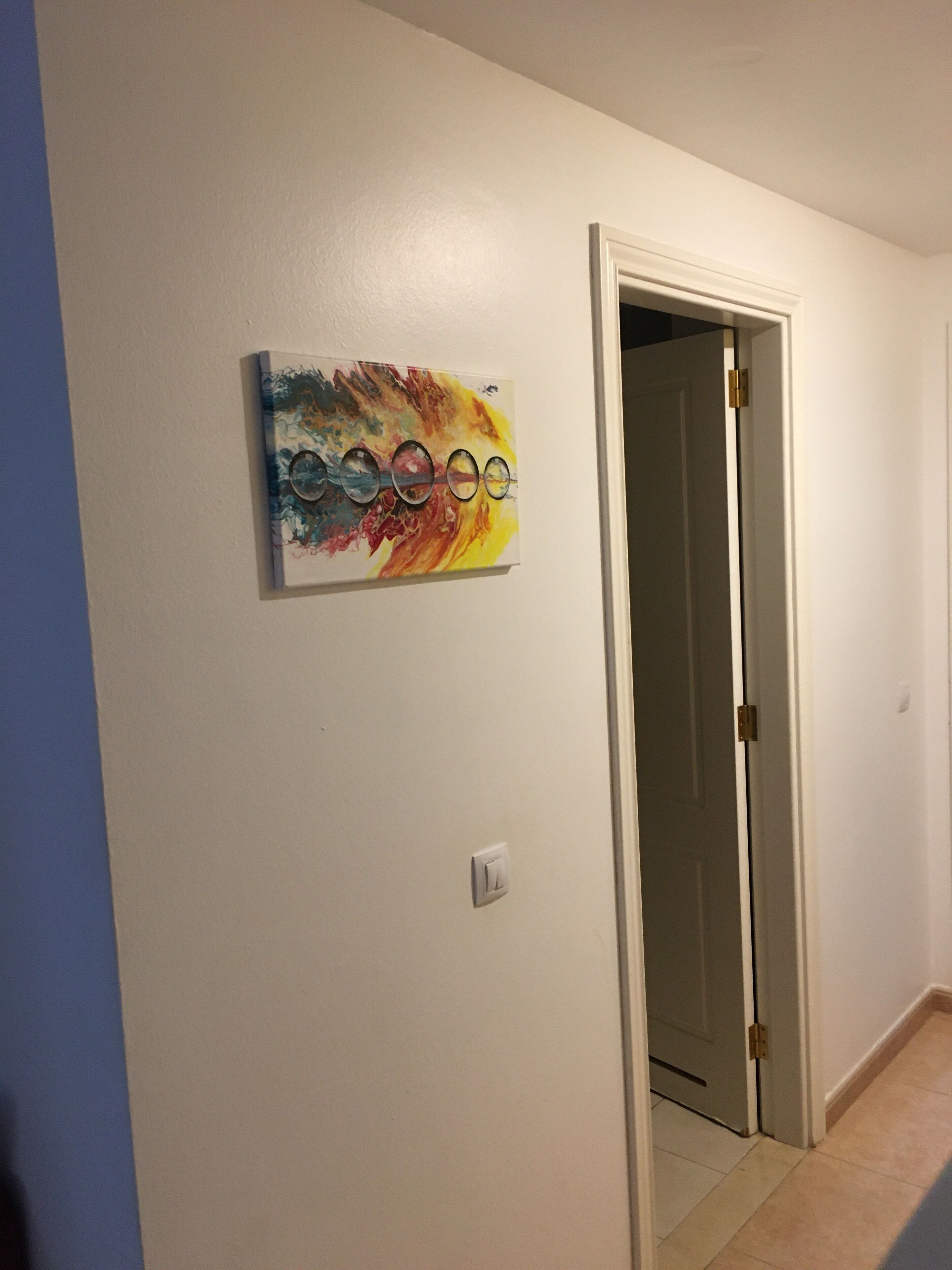 A hallway with a white door, a wall-mounted artwork, and a light switch.