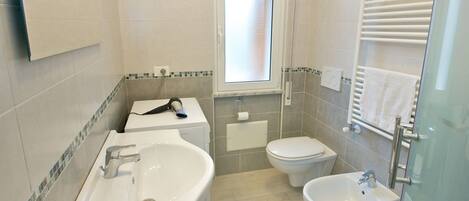 Shower, hair dryer, bidet, towels