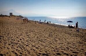 A beach with people, a mountain in the background, and a clear sky.