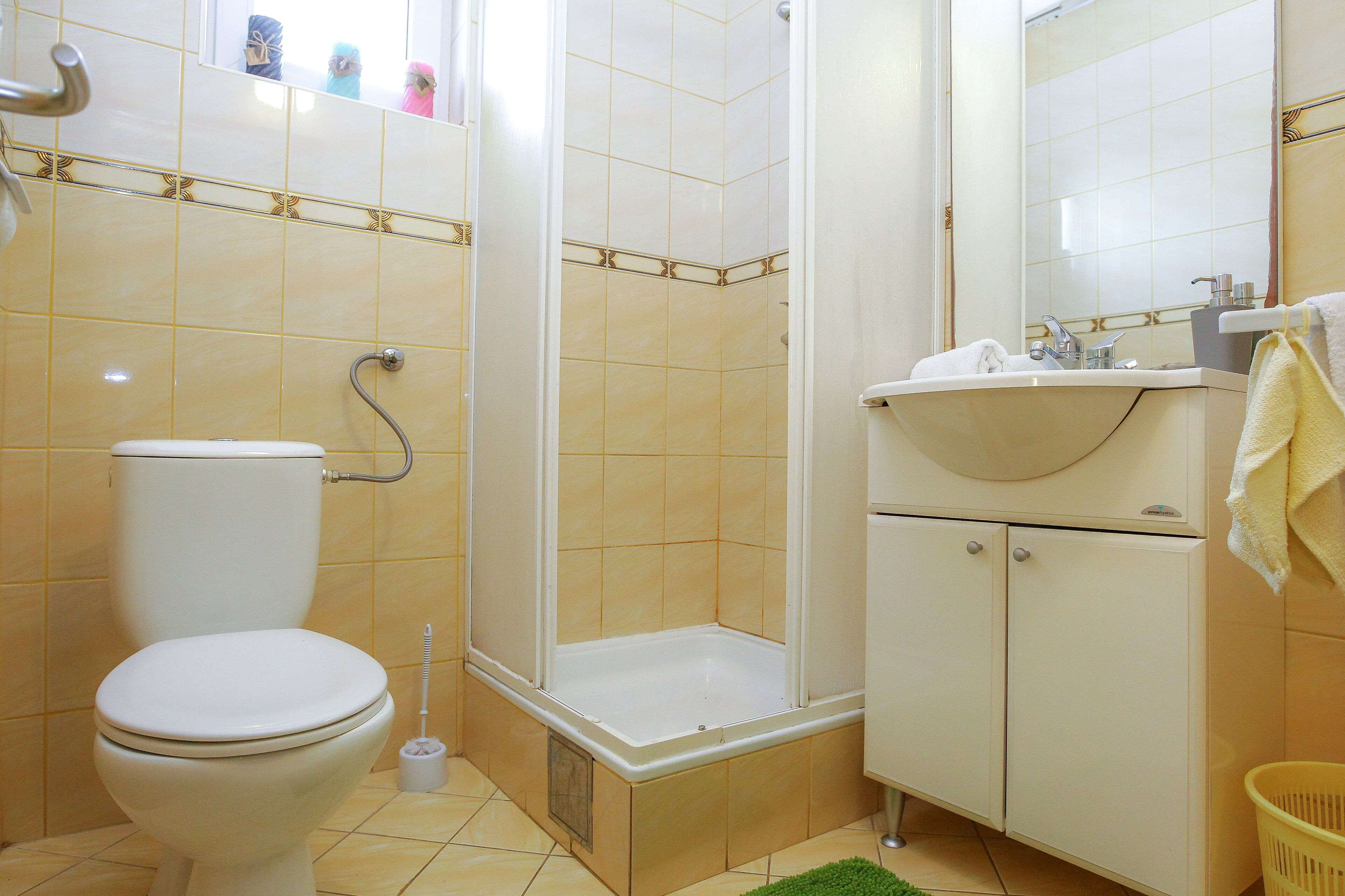 Shower, hair dryer, towels, toilet paper