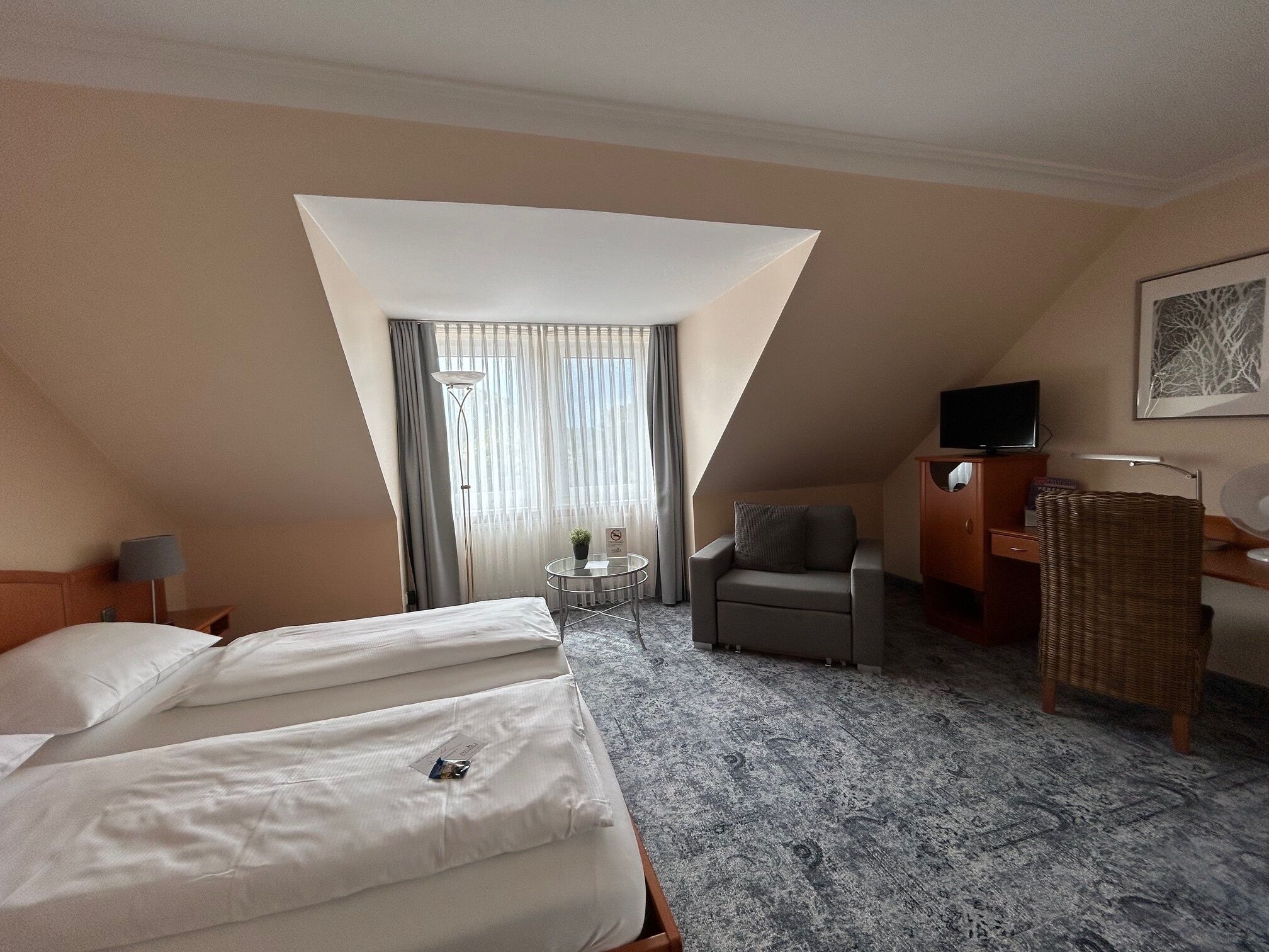 Una habitación de hotel con una cama grande, un escritorio con una silla, un televisor y una pequeña mesa con una planta.