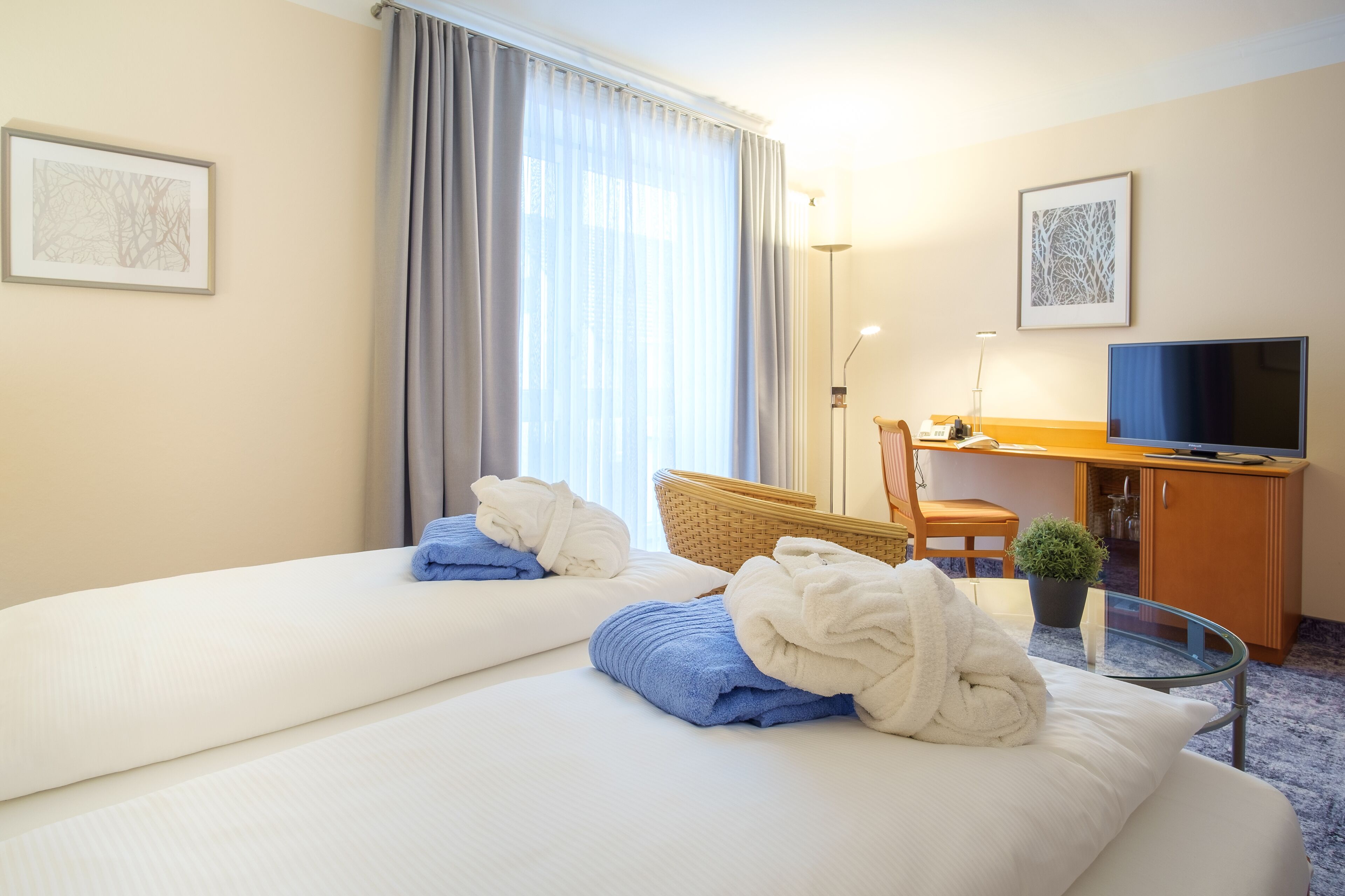 A hotel room with two beds, a desk, a television, and a potted plant.