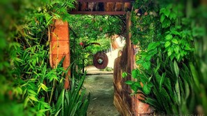 A narrow pathway leading through a lush garden with a wooden archway and a rustic barrel. - Pousada Timia (Cairu)