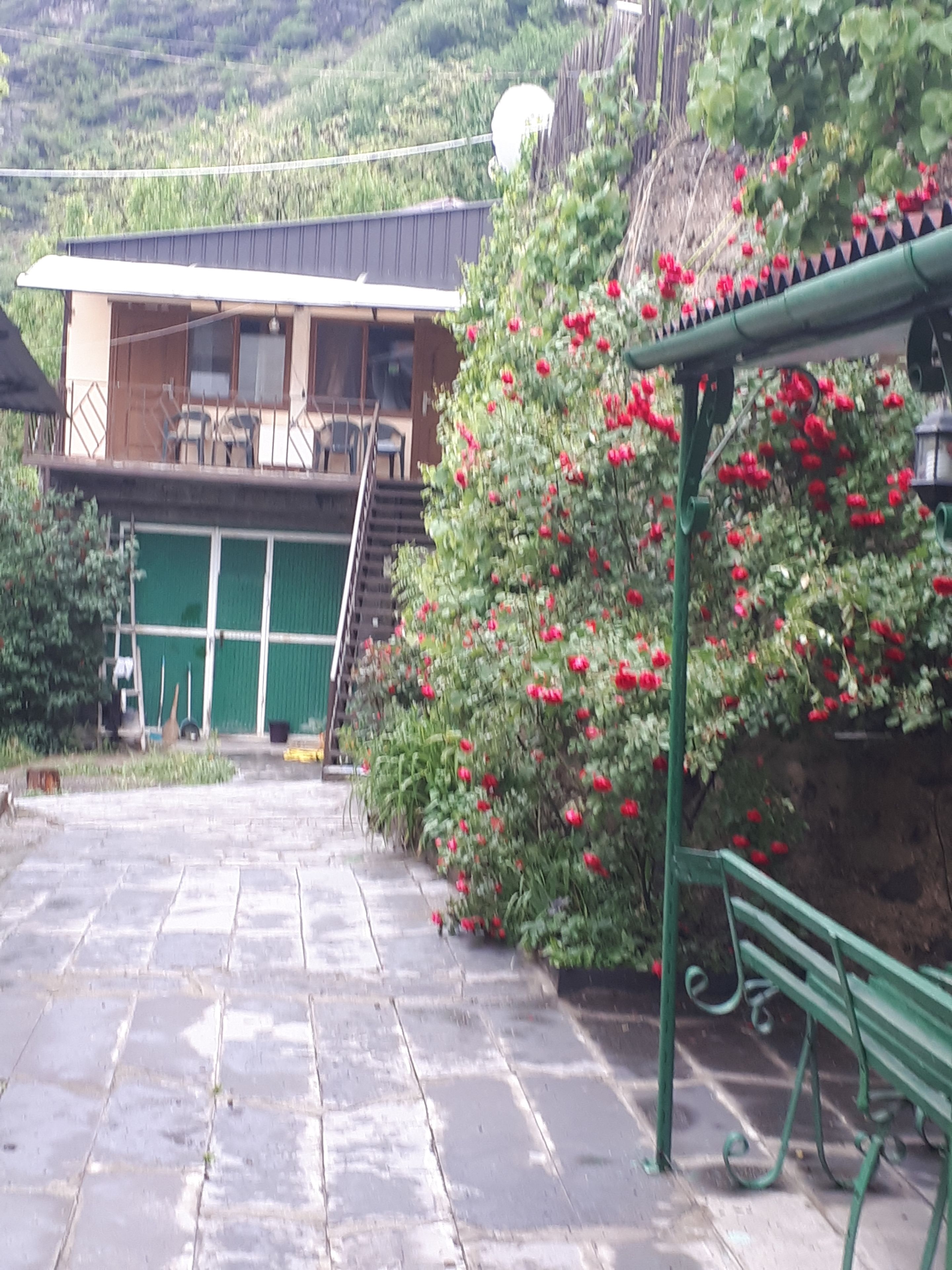 Un edifici amb un balcó, una escala i una paret verda amb flors vermelles.