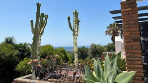 Un jardín con cactus y plantas de agave, un muro de ladrillo y vistas al océano.