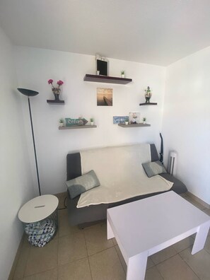 A living room with a sofa, a coffee table, a floor lamp, and decorative shelves with plants and signs.