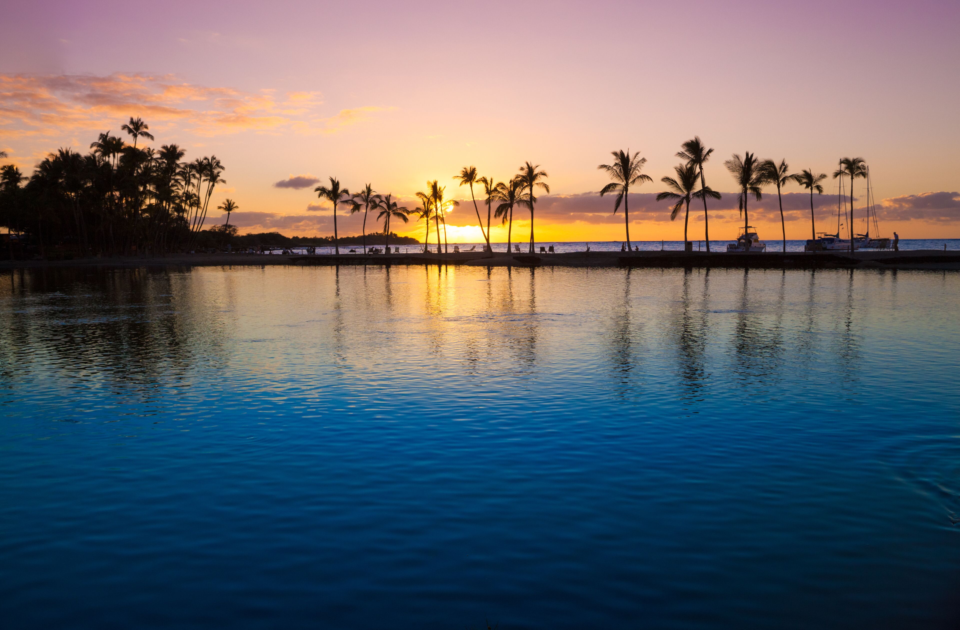 Vista de un atardecer sobre un cuerpo de agua tranquilo, con palmeras y barcos.