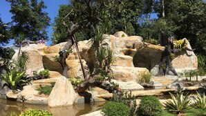 Um jardim ajardinado com formações rochosas, um lago e diversas plantas.