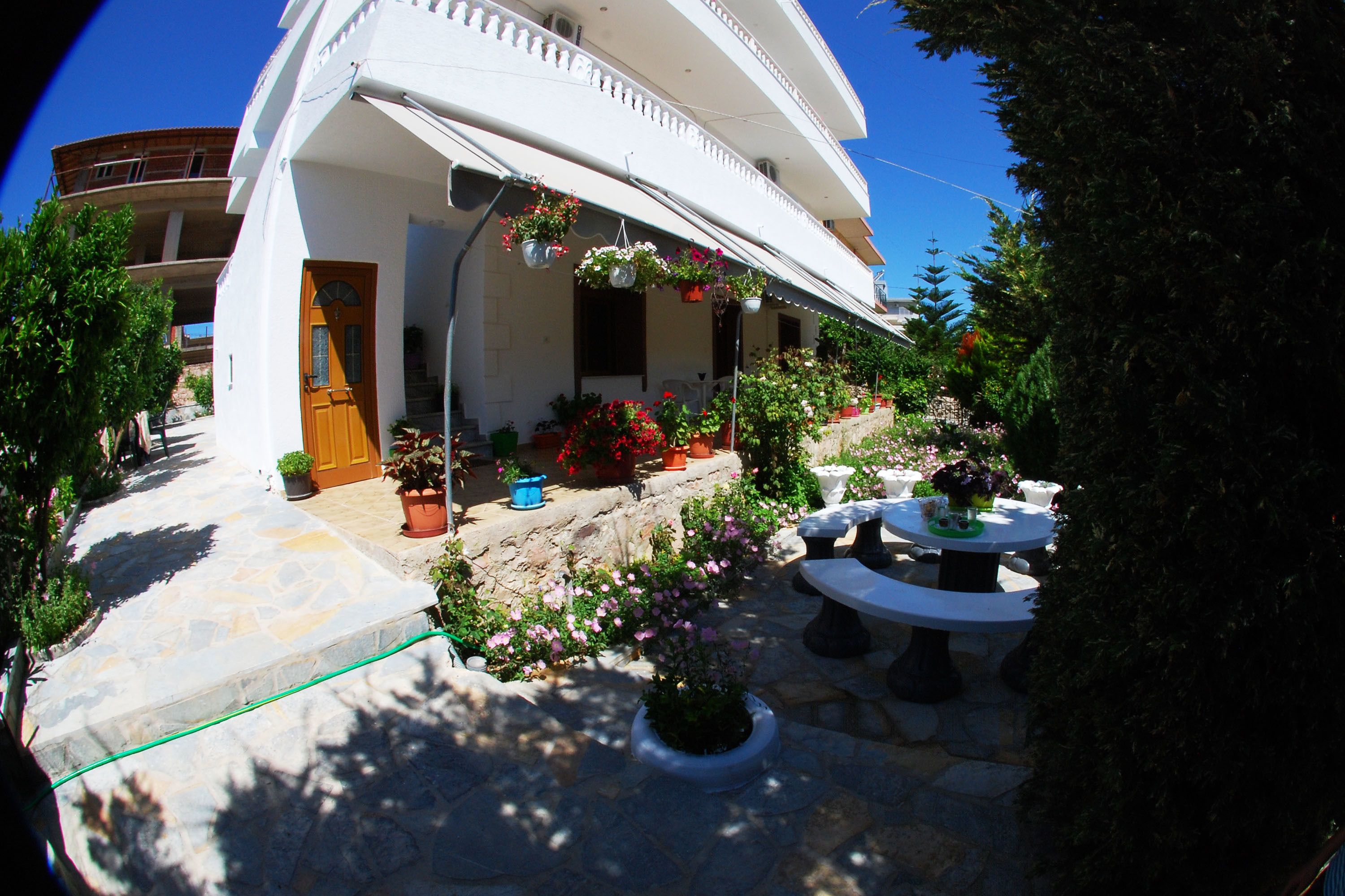 A white building with a stone-paved courtyard, potted plants, and a stone bench.