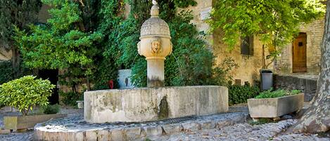 A stone fountain with a statue on top, surrounded by greenery and a cobblestone path.