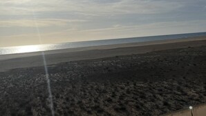 A beach with a clear sky and the sun low on the horizon.