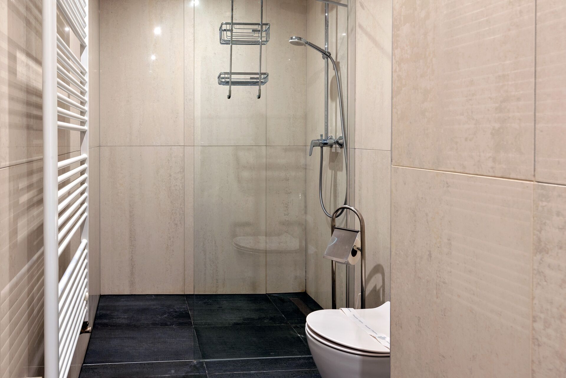 Une salle de bain moderne avec une douche à parois de verre, des toilettes et un porte-serviettes.