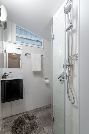 Apartamento Deluxe, varias camas | Baño | Ducha, artículos de higiene personal gratuitos y secador de pelo